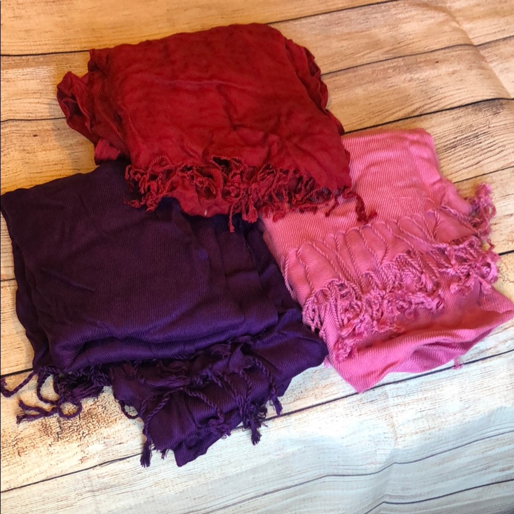 Thin knit scarf set. Set of three colorful scarves.